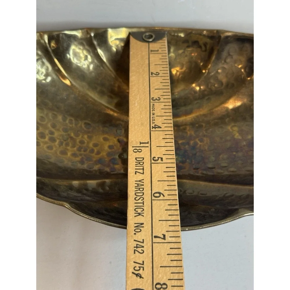 Vintage Hammered Brass Console Fruit Bowl with Side Handles & Scalloped Sides